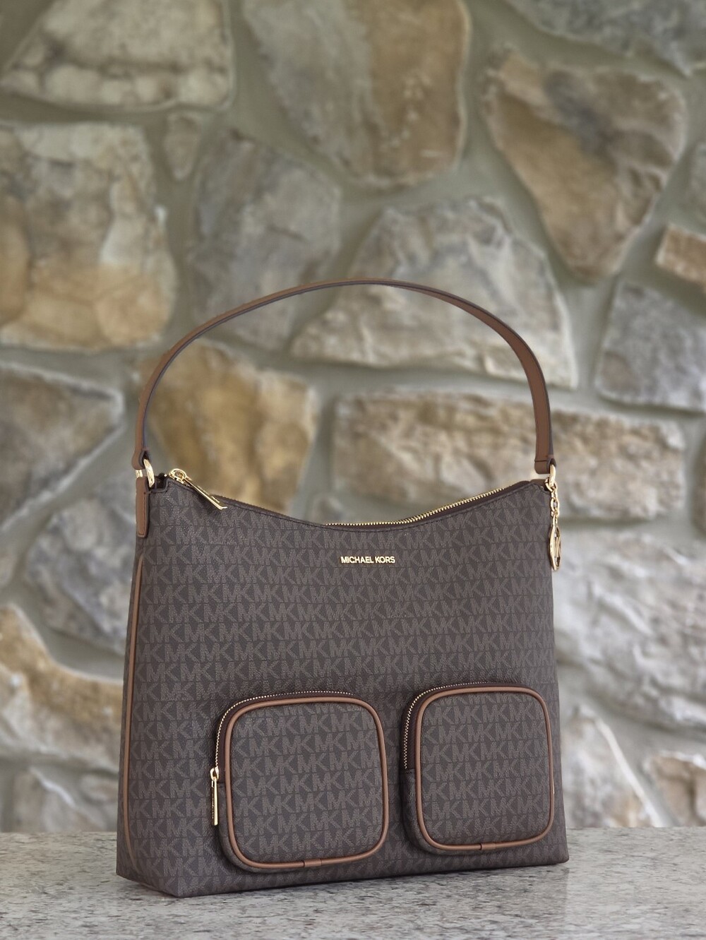 Michael Kors Merritt Large Brown Signature Logo Cargo Shoulder Bag
